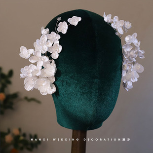 涵汐新款手工烫花白色仙美头饰新娘婚纱造型配饰影楼跟妆侧边夹