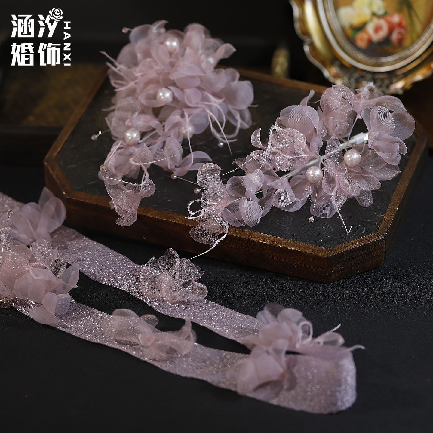 涵汐森系粉紫羽毛绢纱发饰套装