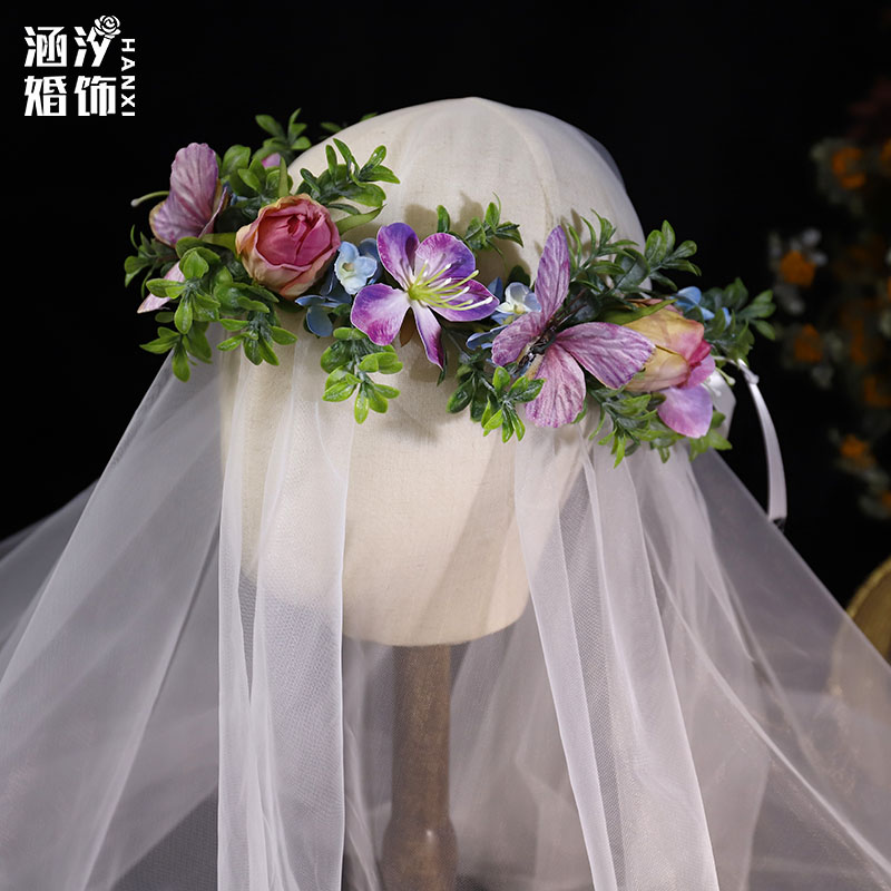 森系清新紫粉色花朵蝴蝶花环发饰