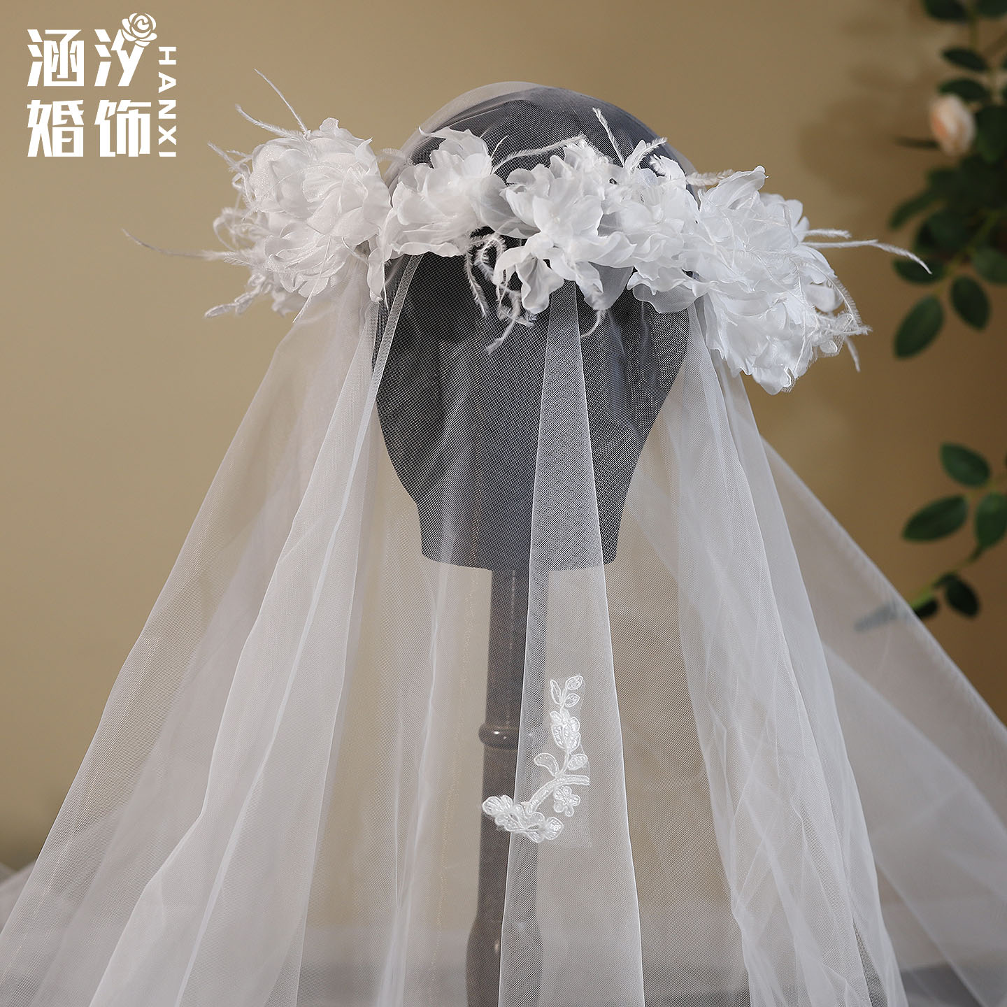 森系超仙蕾丝羽毛纱花环新娘头纱