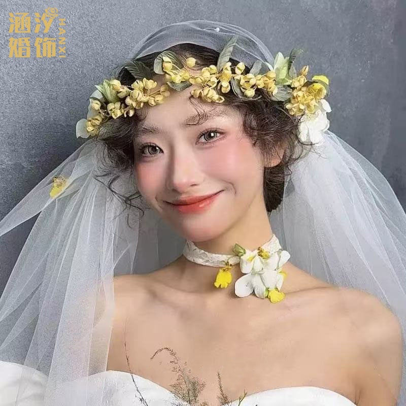 新款森系超仙黄色花朵花环清新头饰新娘旅拍写真演出发箍造型头饰