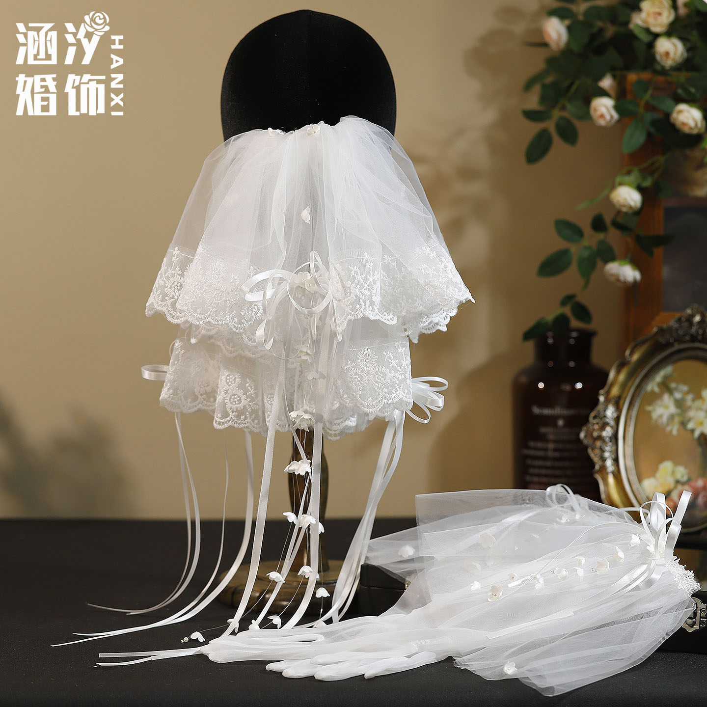 涵汐森系蕾丝蝴蝶结新娘头纱手套