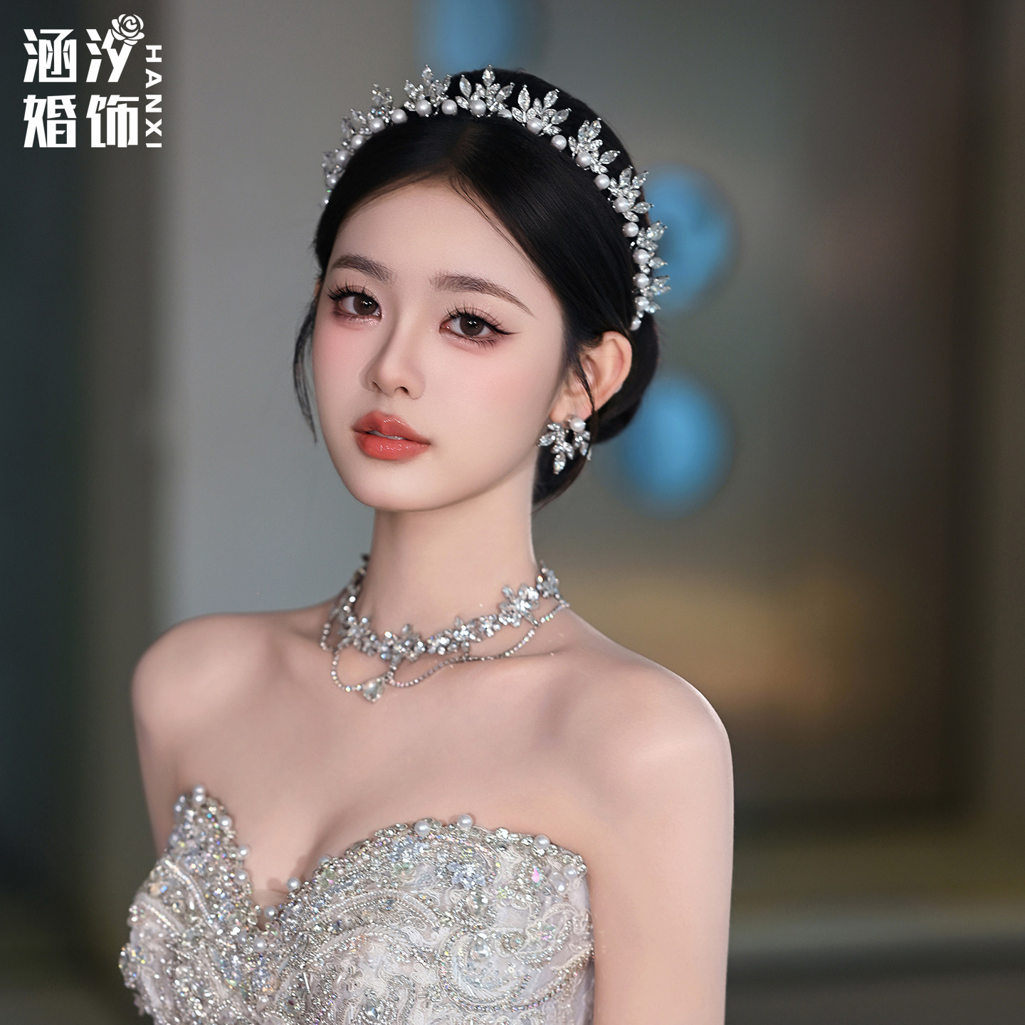 涵汐高级感珍珠水钻结婚新娘皇冠