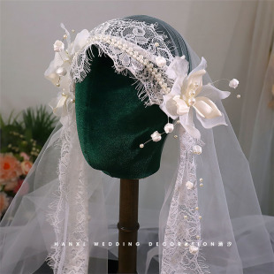 森系仙美蕾丝珍珠铃兰花朵复古包头纱复古民国风新娘头饰影楼配饰