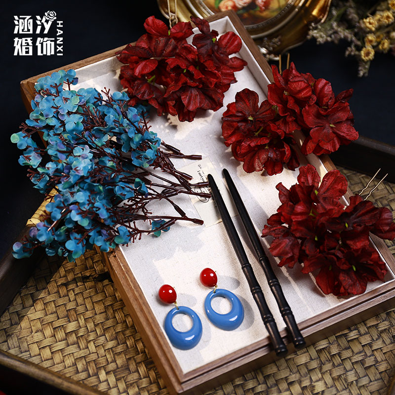 涵汐新款复古红蓝花朵发簪套装