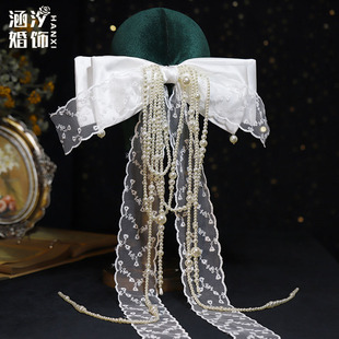 白色蕾丝缎面珍珠长流苏大蝴蝶结发夹新娘结婚订婚超仙设计感头饰