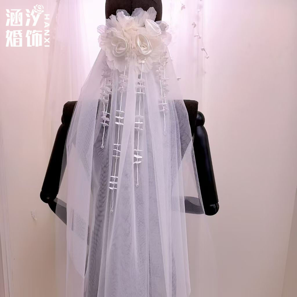 涵汐森系白纱珍珠流苏新娘头纱