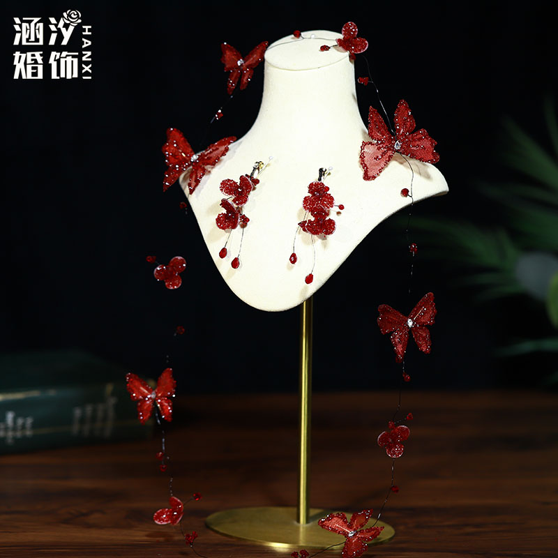 森系甜美红色蝴蝶发带耳环套装