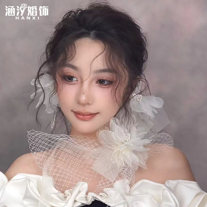 新款白色绢纱花网纱蝴蝶结颈花耳环套装新娘婚纱礼服配饰韩式头饰
