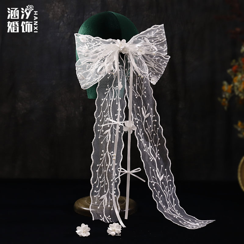 新款超仙蕾丝大蝴蝶结飘带发夹耳环新娘婚纱造型顶夹后脑勺头饰