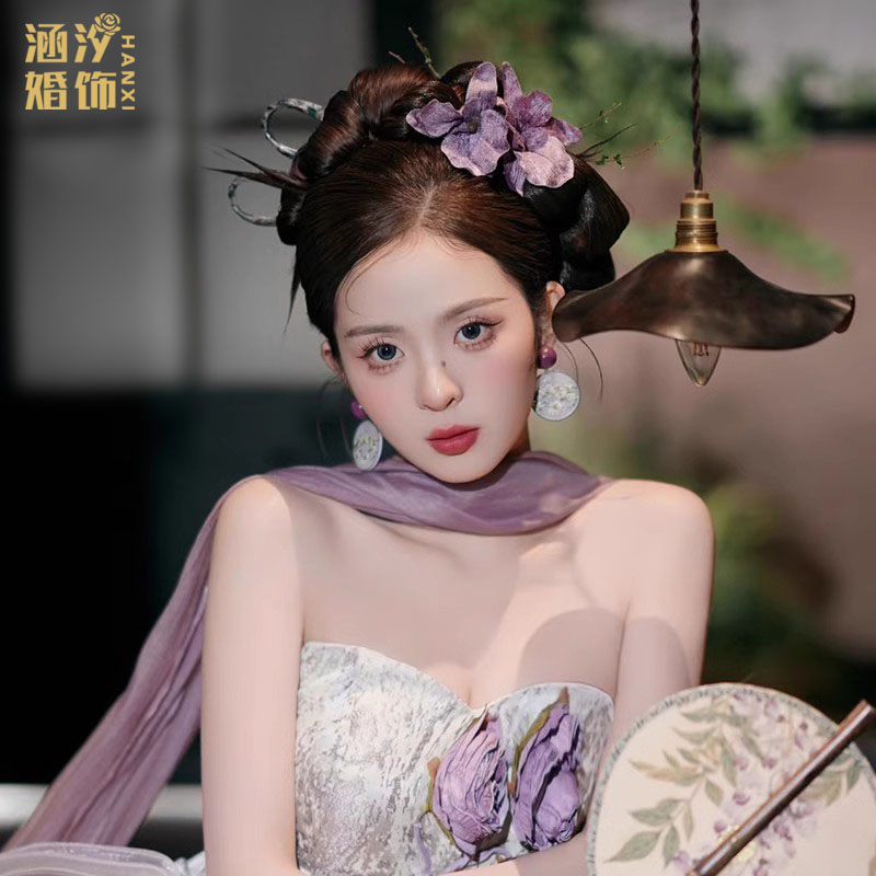 新中式新娘头饰紫色仿真花朵发簪耳环结婚礼服旗袍晨袍汉服发饰品