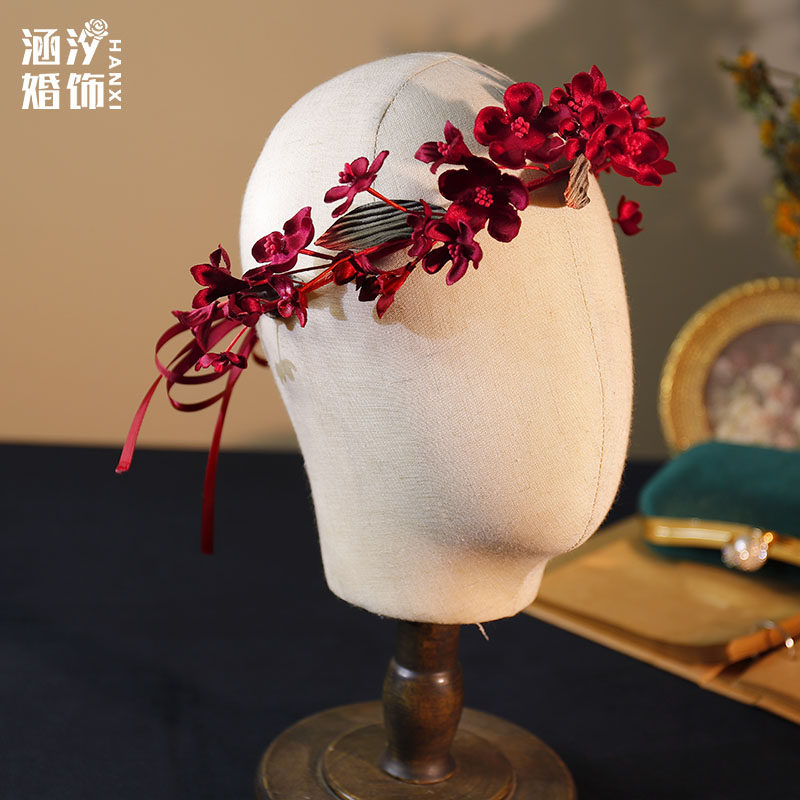 新款酒红色花朵发箍花环头饰