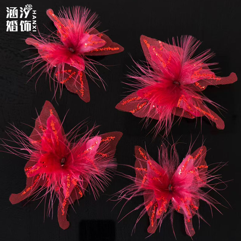 新款新娘头饰酒红色超仙羽毛发夹