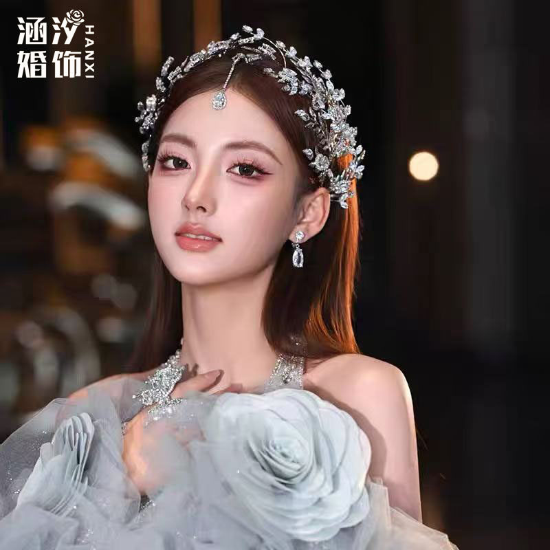 重工高级感新娘锆石叶子皇冠头饰