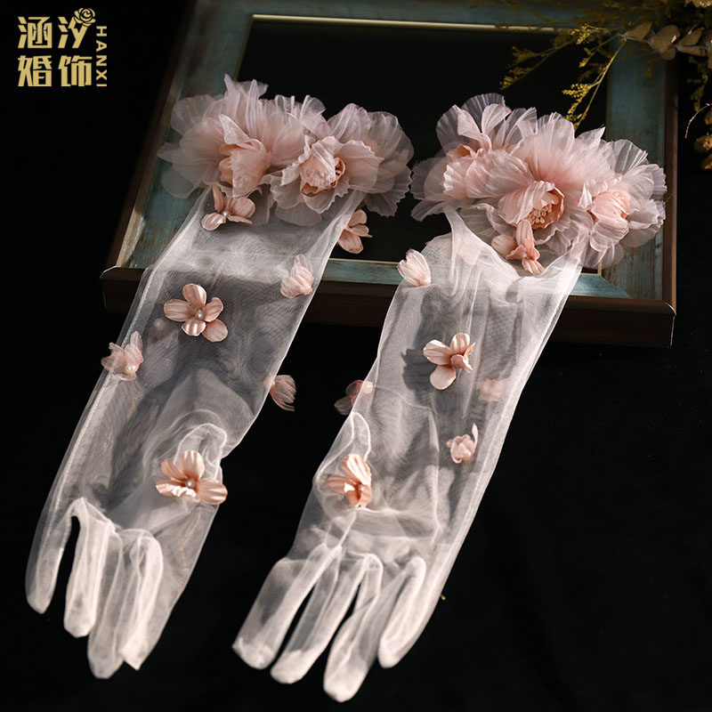 森系甜美粉色绢纱花朵爆款长手套结婚影楼造型婚纱配饰高级感手套