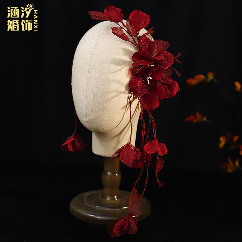 酒红色新娘头饰中式盘发造型头花晨袍发饰秀禾服百搭礼服婚纱配饰