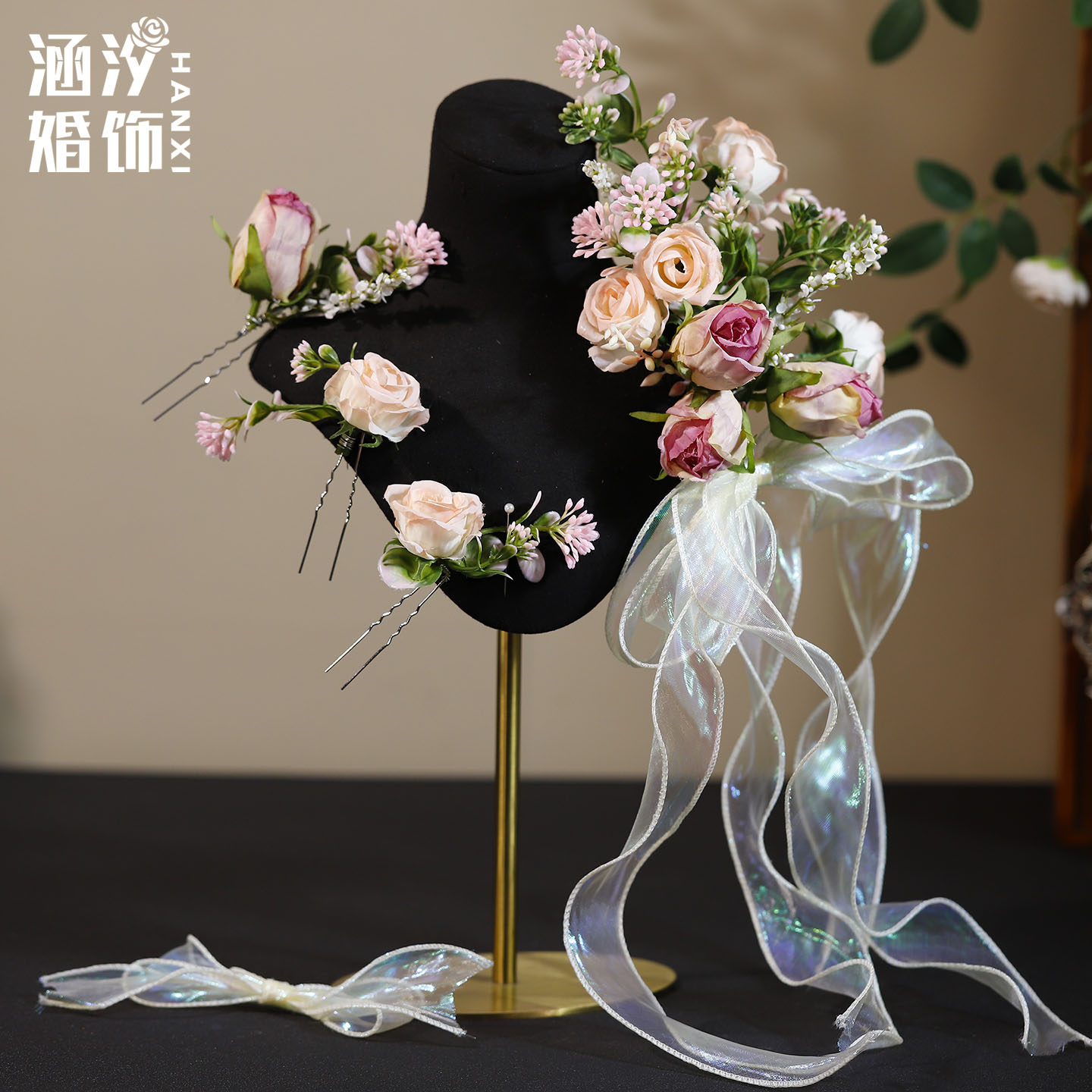 涵汐森系玫瑰蝴蝶结新娘发夹头饰