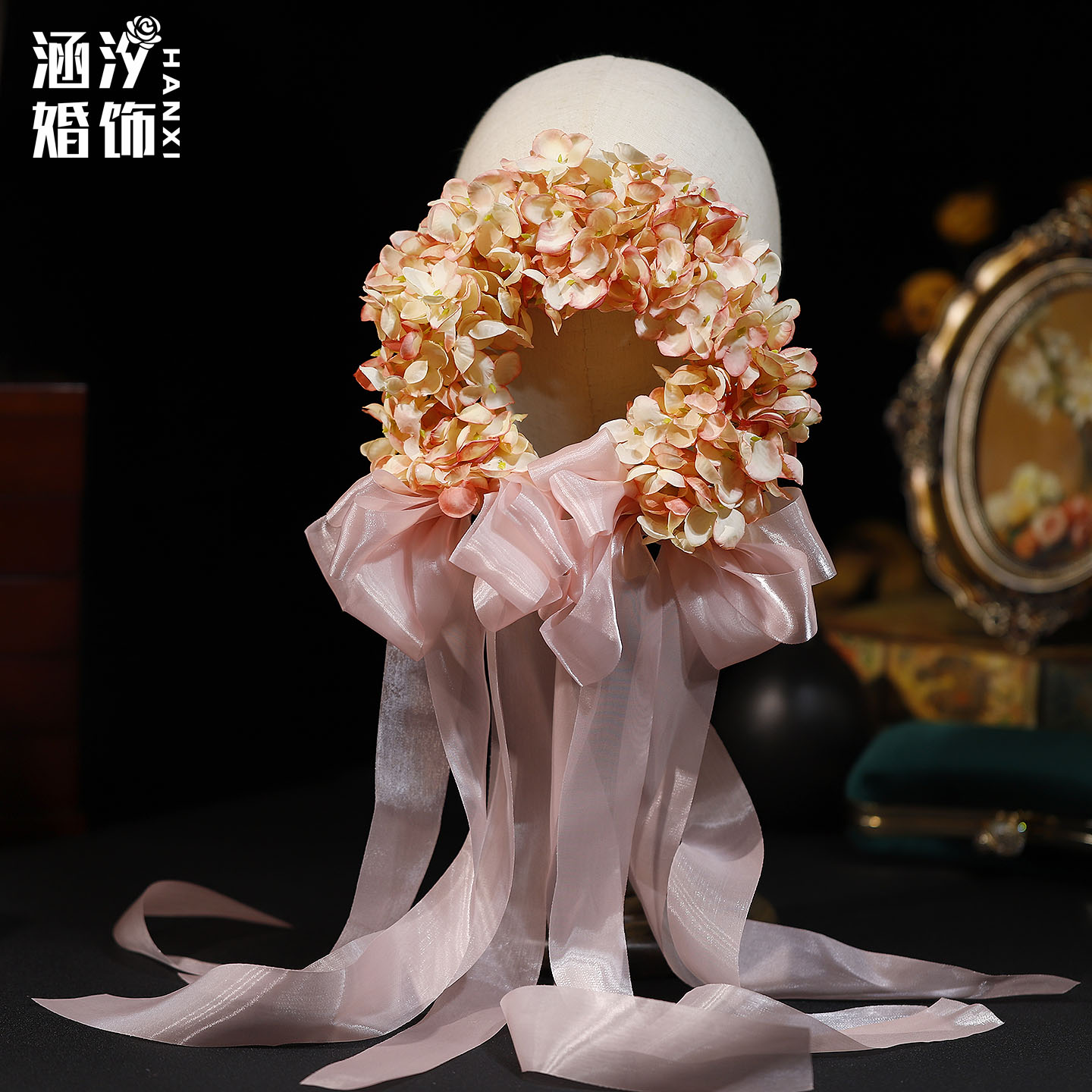 涵汐森系粉色绣球花蝴蝶结头饰
