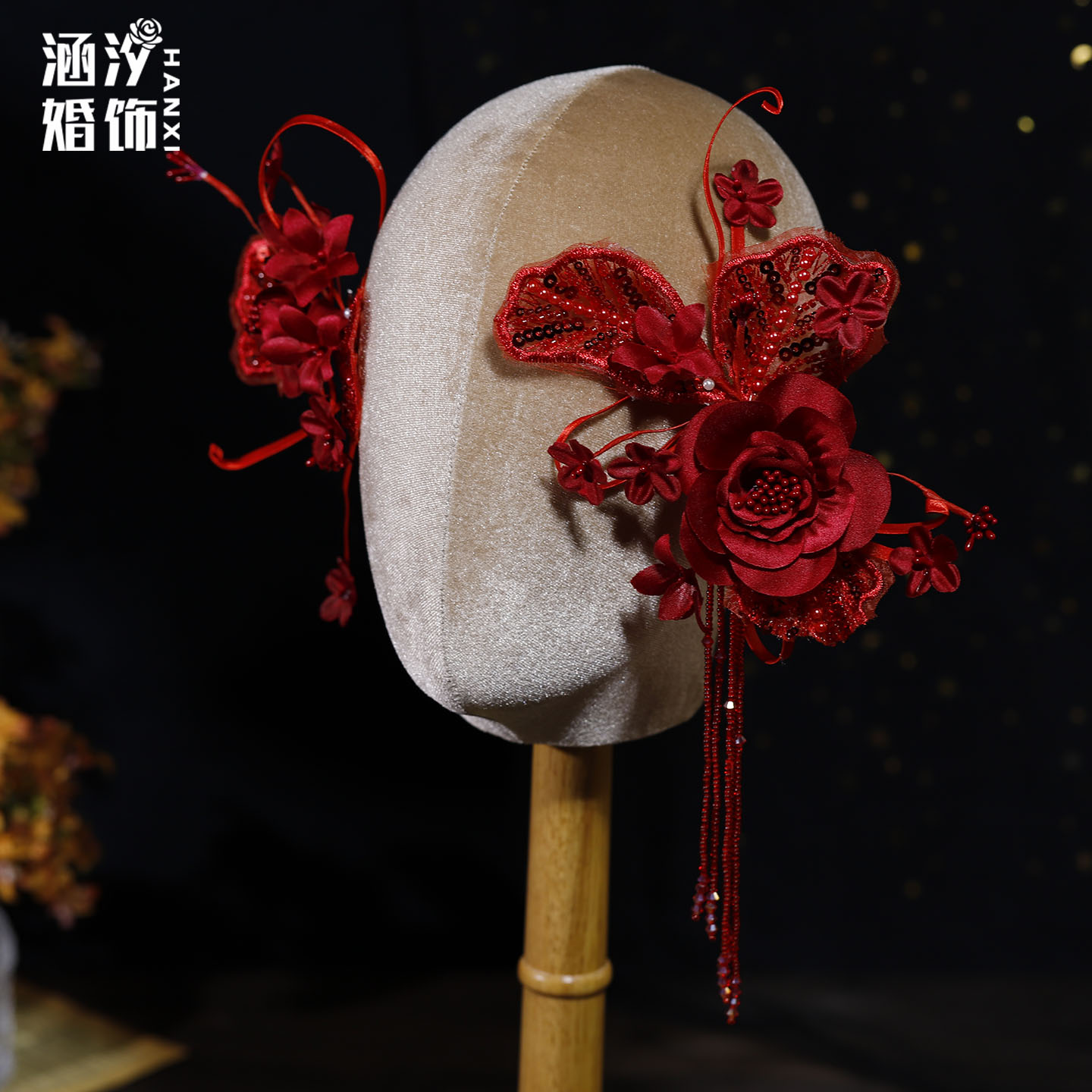 涵汐中式新娘红色蝴蝶结流苏发夹