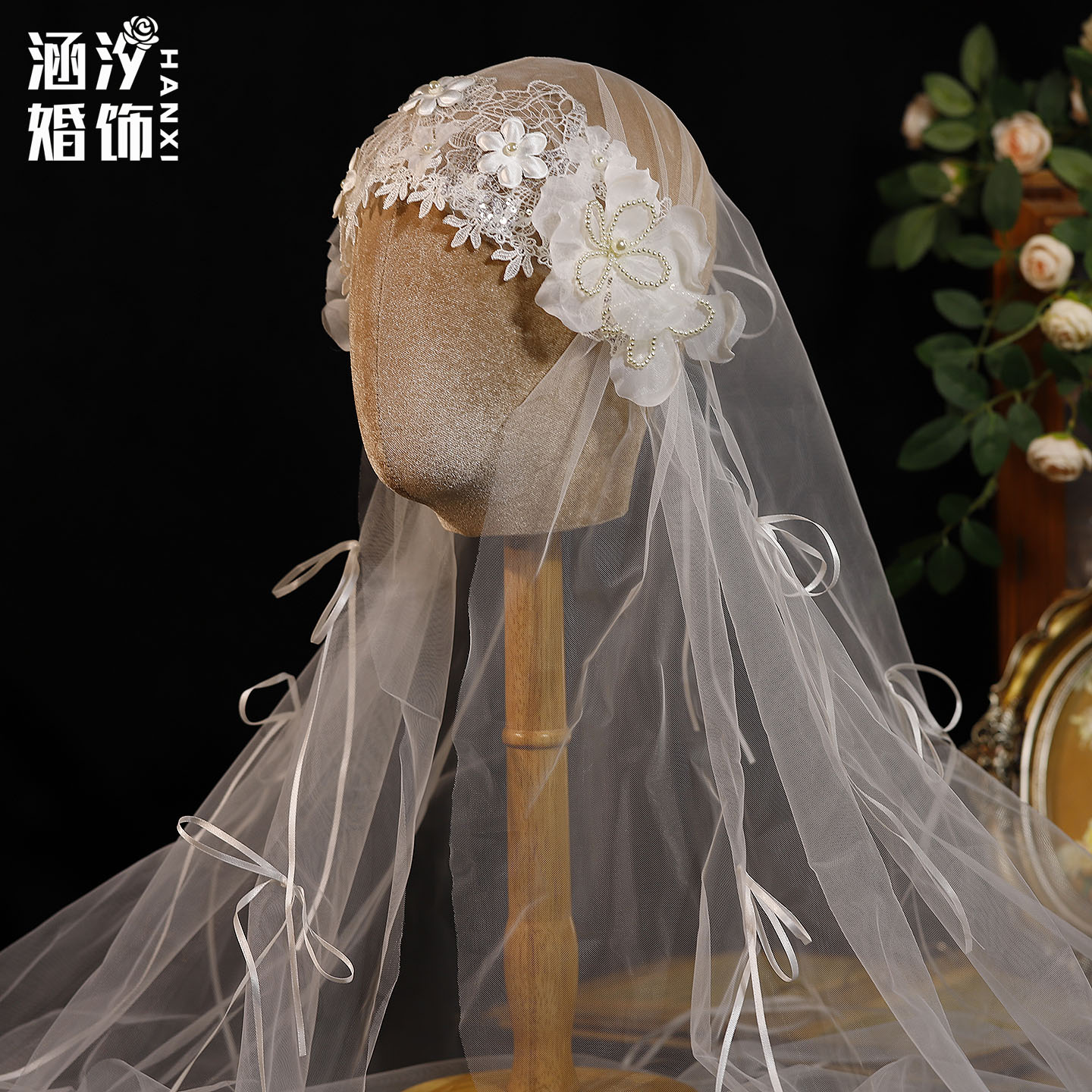 复古森系蕾丝珍珠花朵新娘头纱