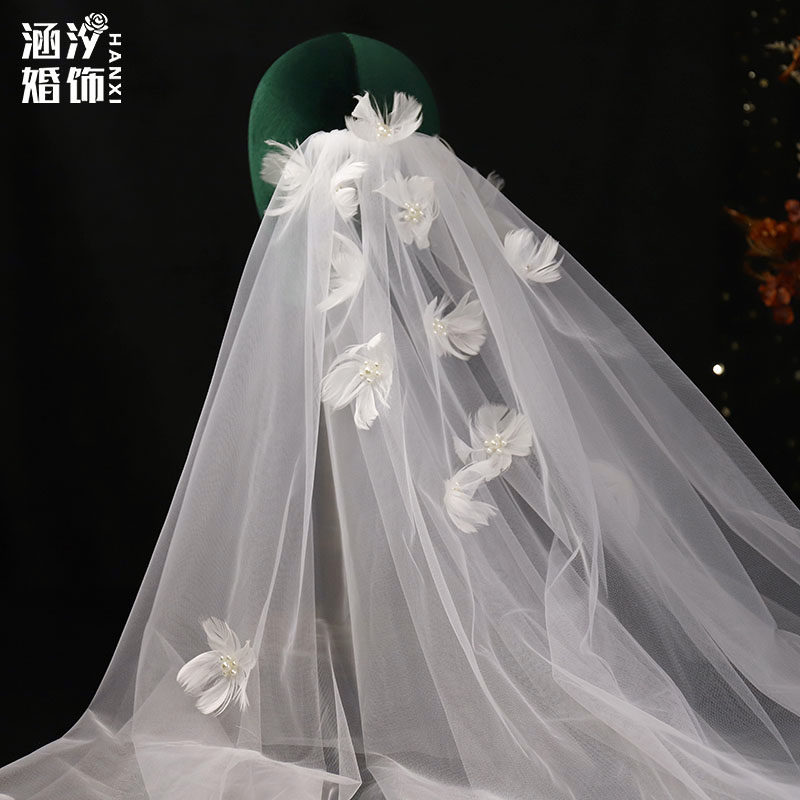 法式新款轻盈羽毛发梳头纱新娘头饰结婚领证跟妆影楼道具旅拍配饰