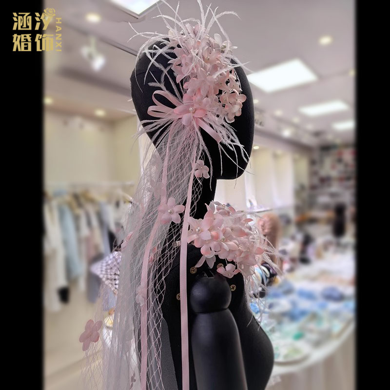 粉色碎花网纱发带新娘头饰韩式