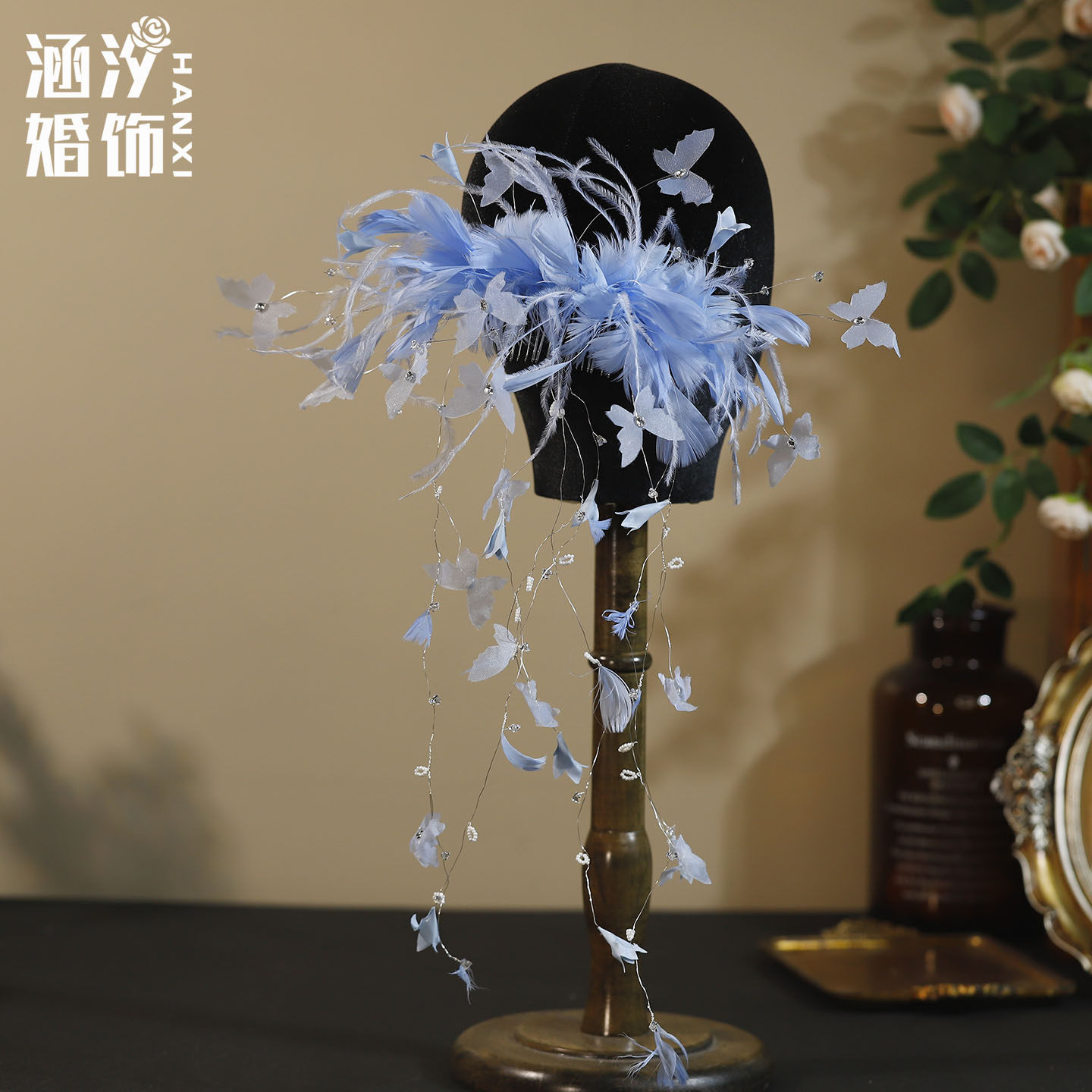新款超仙梦幻蓝色蝴蝶羽毛流苏新娘头饰婚纱礼服影楼拍照造型配饰