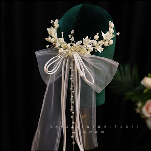 涵汐唯美白色花苞蝴蝶结头饰新娘结婚白纱礼服森系外景演出配饰品