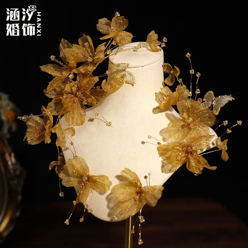涵汐新款高级感香槟金色娟纱碎钻水晶对夹新娘盘发写真造型头饰