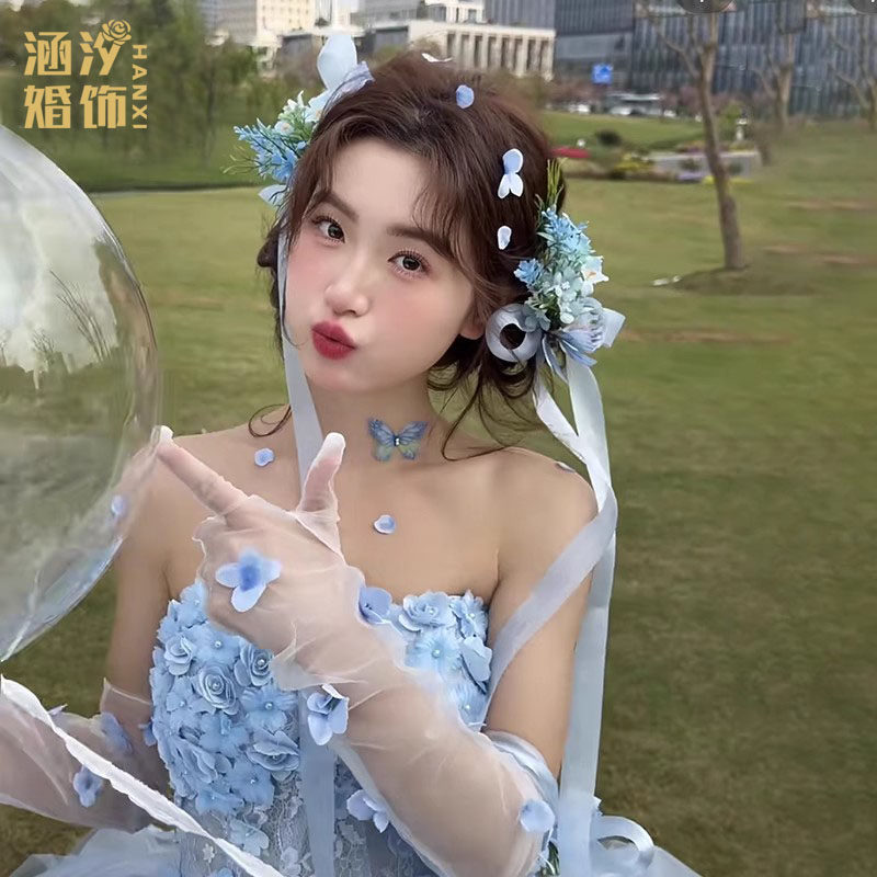 森系仿真花蓝色飘带蝴蝶结发夹头饰超仙新娘婚纱礼服跟妆边夹配饰