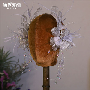 超仙韩式森系灰色娟纱新娘跟妆造型头花边夹手工发饰结婚仙美配饰