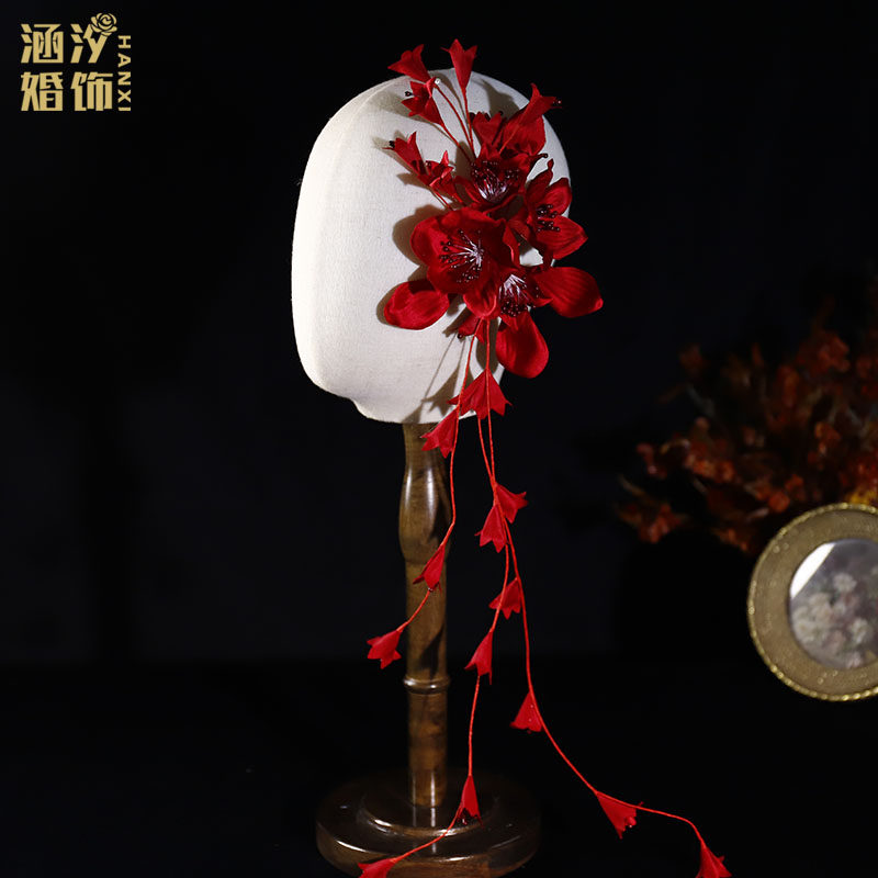 酒红色栀子花发夹新娘头饰