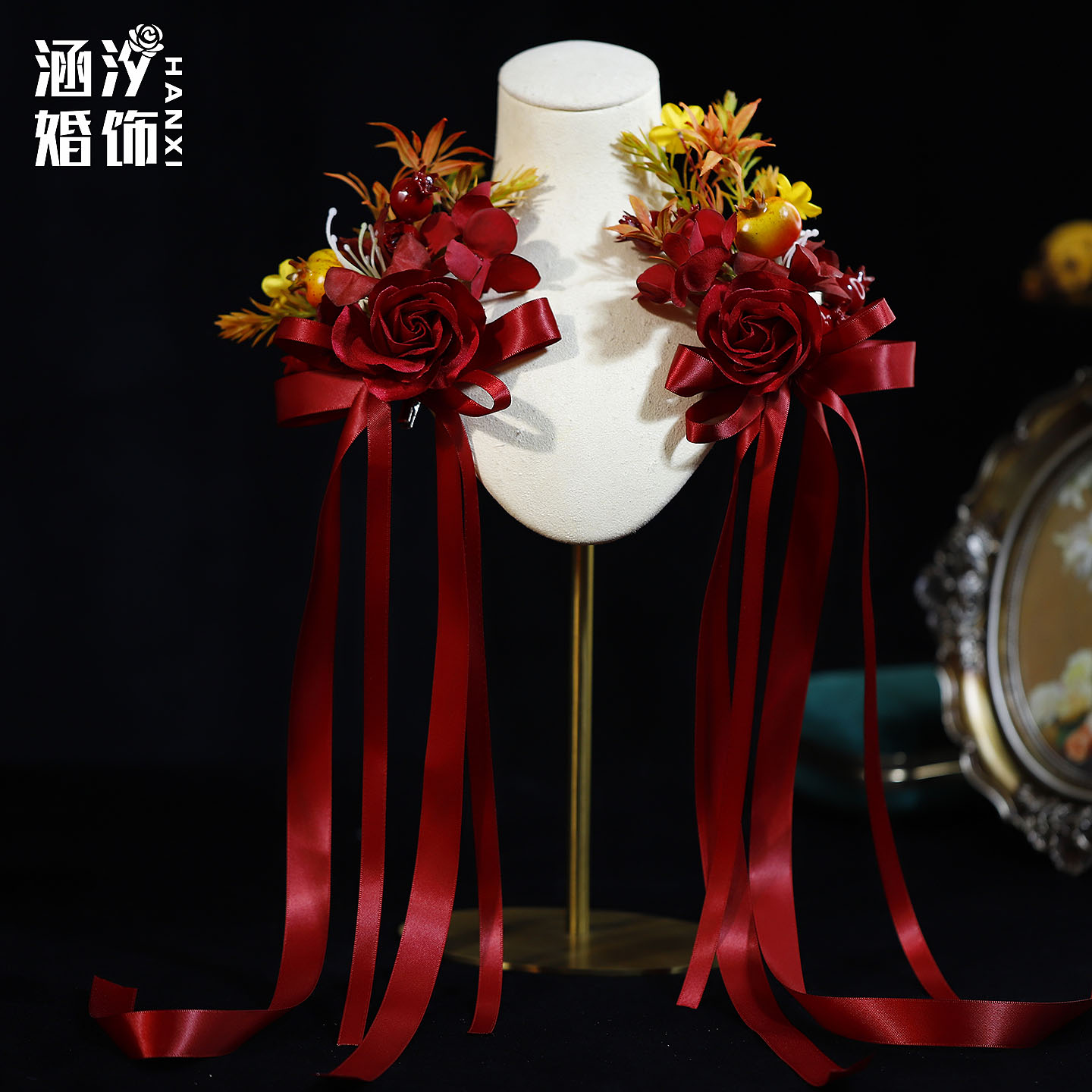 涵汐森系红色仿真花新娘敬酒头夹