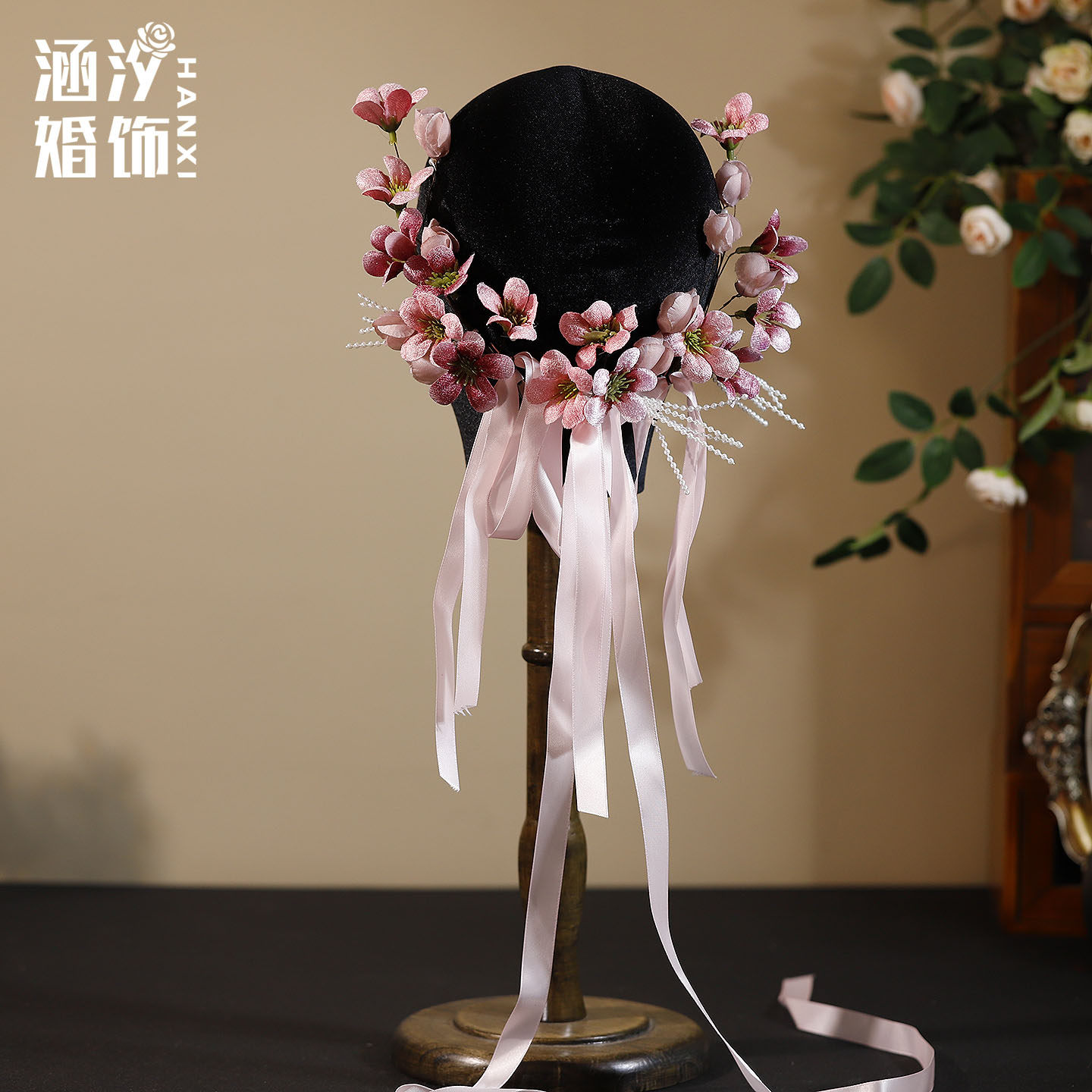 森系甜美粉色花朵边夹发饰套装