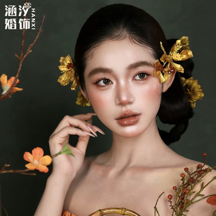 涵汐中式古风秀禾头饰龙凤褂金色花朵侧边发夹旗袍敬酒服新娘配饰