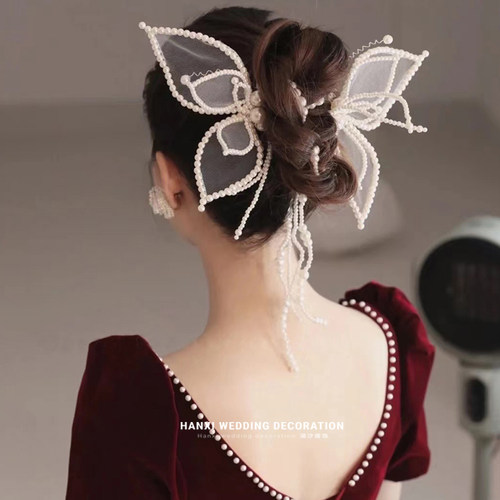 新款精致串珠蝴蝶发夹侧边夹套装新娘结婚饰品跟妆礼服婚纱配饰品