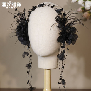 新款黑色绢纱羽毛发箍发夹流苏花朵头饰百搭礼服赫本风造型配饰