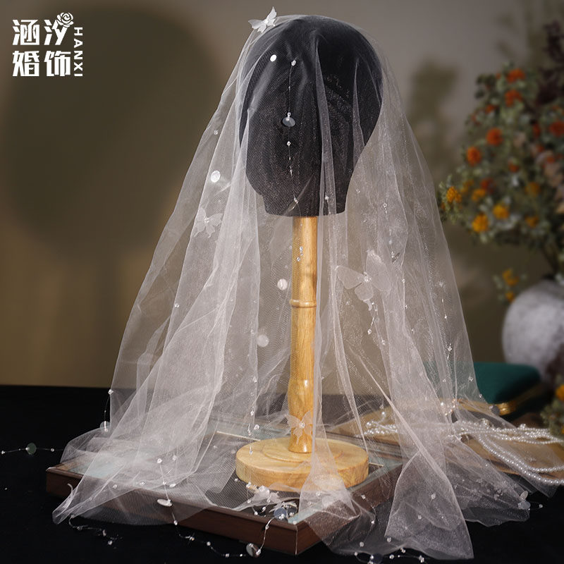 白色仙气亮片流苏甜美蝴蝶头纱