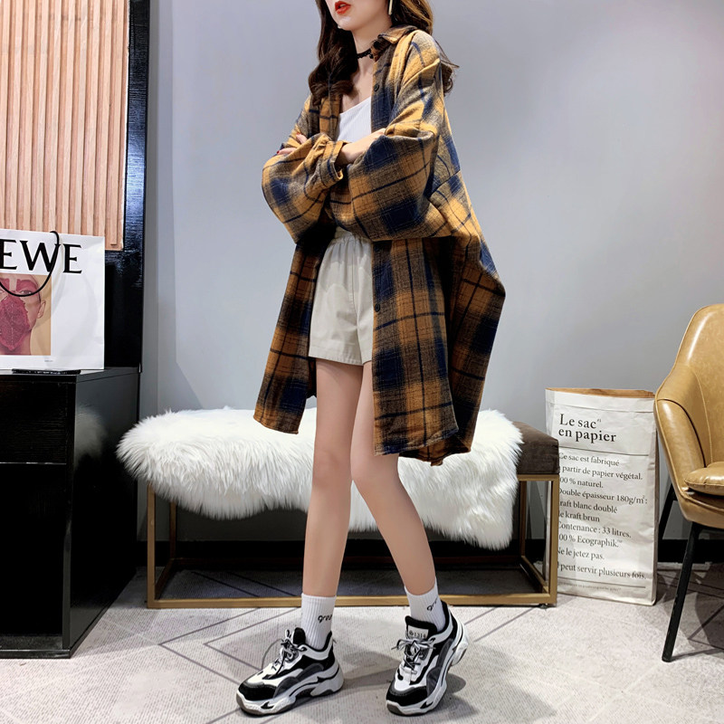 磨毛韩版宽松中长款格子衬衫女秋装2020年新款洋气百搭衬衣外套