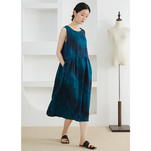 SILVIYE/溯也真丝花罗香云纱100%桑蚕丝圆领无袖背心裙真丝长裙女