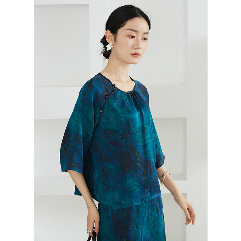 SILVIYE/溯也深海蓝真丝花罗香云纱七分袖T恤100%桑蚕丝圆领上衣
