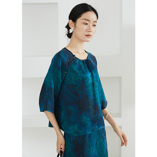 SILVIYE/溯也深海蓝真丝花罗香云纱七分袖T恤100%桑蚕丝圆领上衣