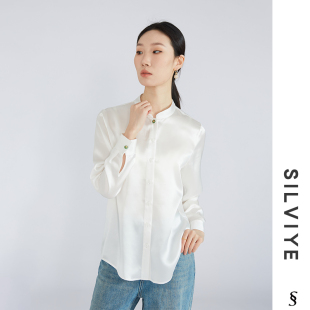 缎面衬衣春款 SILVIYE 衬衫 国风真丝长袖 溯也桑蚕丝素绉缎立领中式