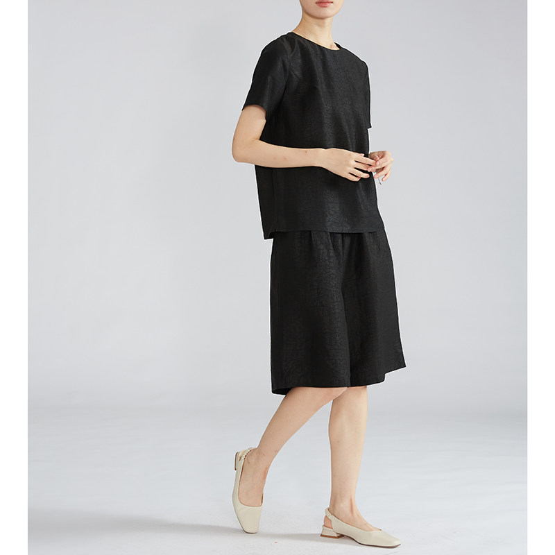 SILVIYE重磅香云纱龟裂纹时尚套装 T恤+五分裤黑色显瘦桑蚕丝套装,女装/女士精品,时尚套装,淘宝优惠券,粉丝福利购,淘宝优惠卷