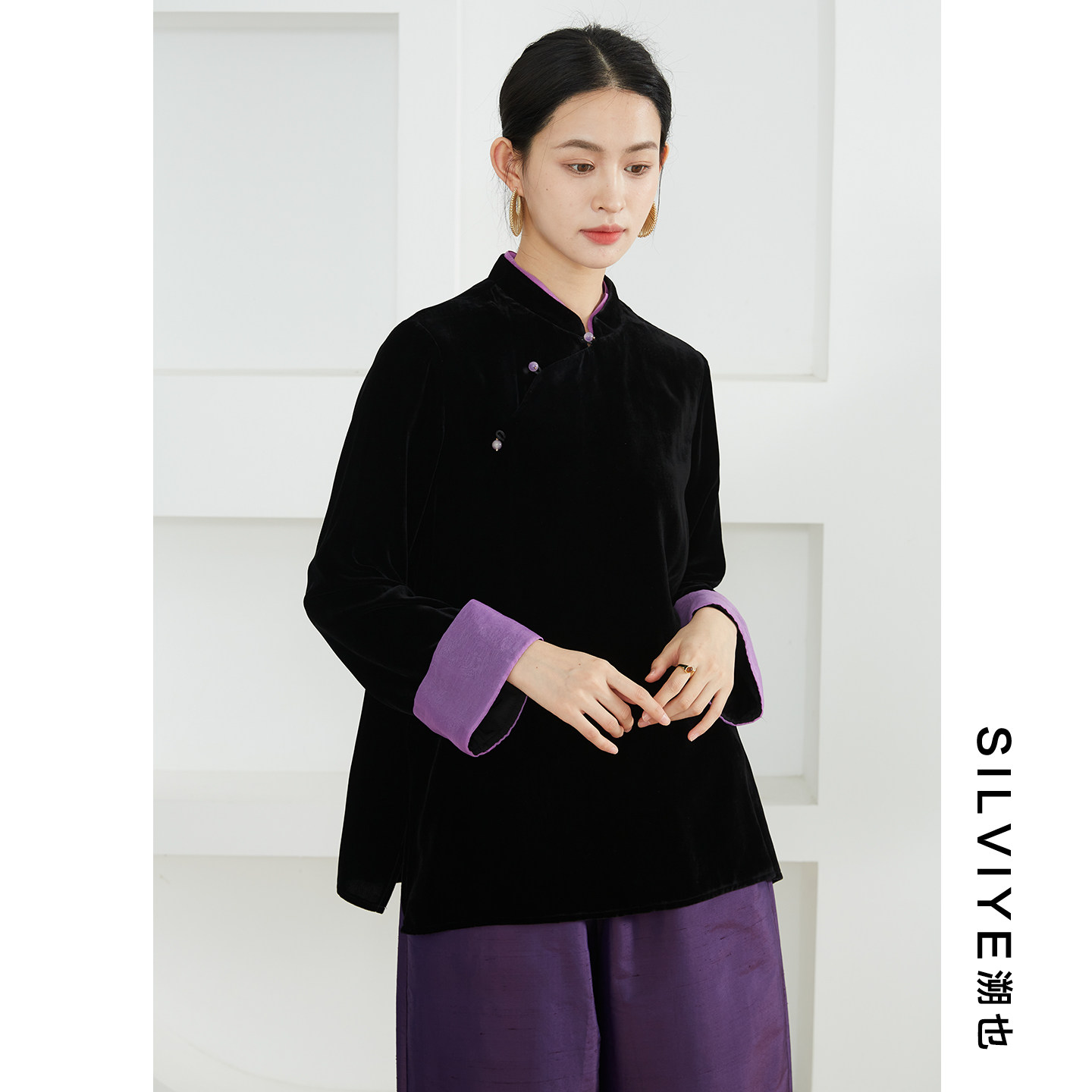 SILVIYE/溯也真丝丝绒立领斜门襟上衣桑蚕丝新中式欧根纱拼接衬衣