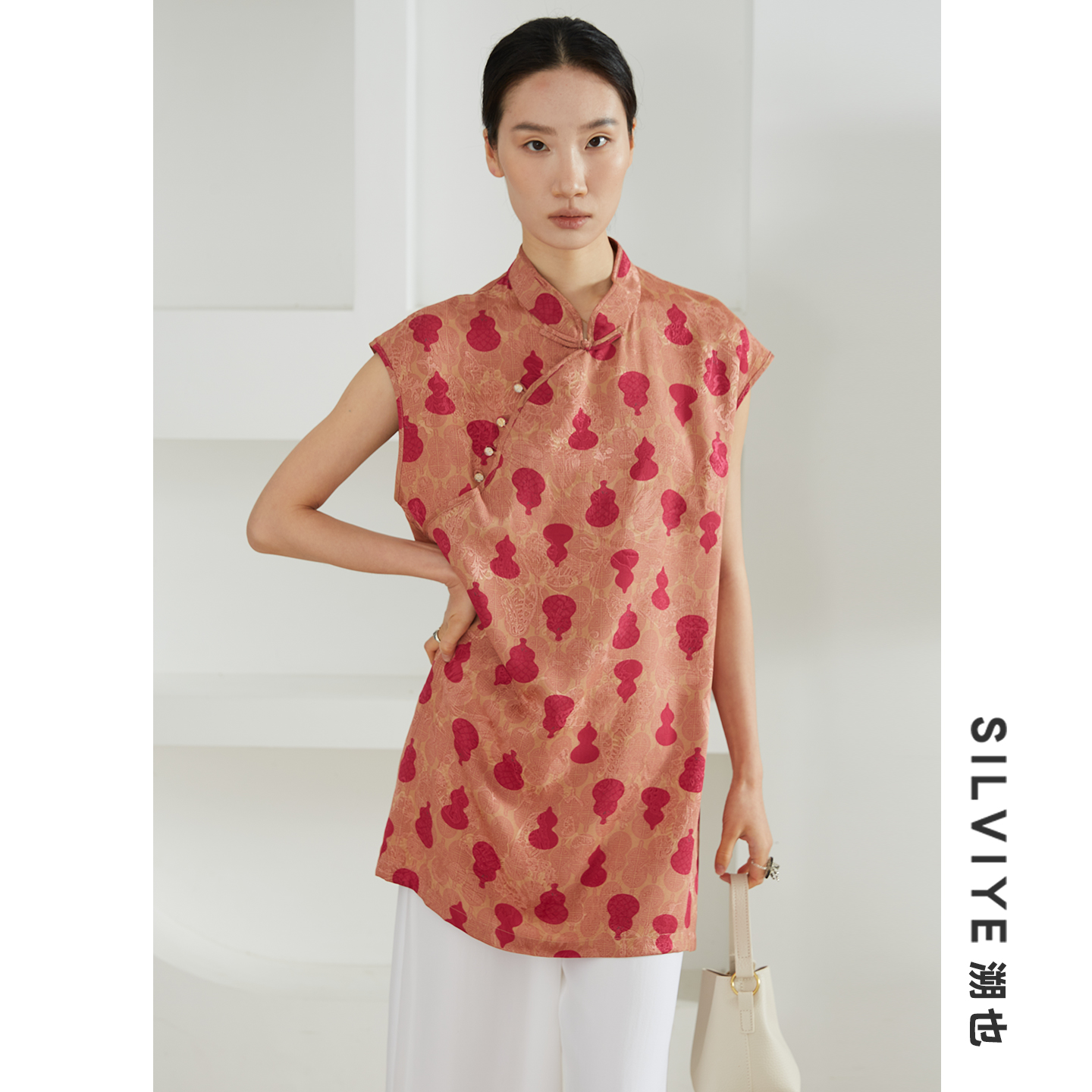 SILVIYE/溯也高定真丝香云纱奥黛100%桑蚕丝国风盘中长款上衣女夏