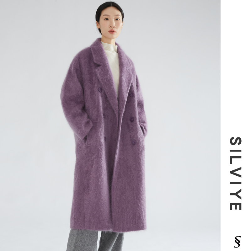 SILVIYE/溯也100%山羊绒拉绒大衣加厚廓形针织外套双排扣皮草大衣