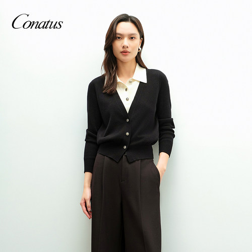 CONATUS/珂尼蒂思老钱风假两件针织开衫女黑色显瘦羊毛衫极简风