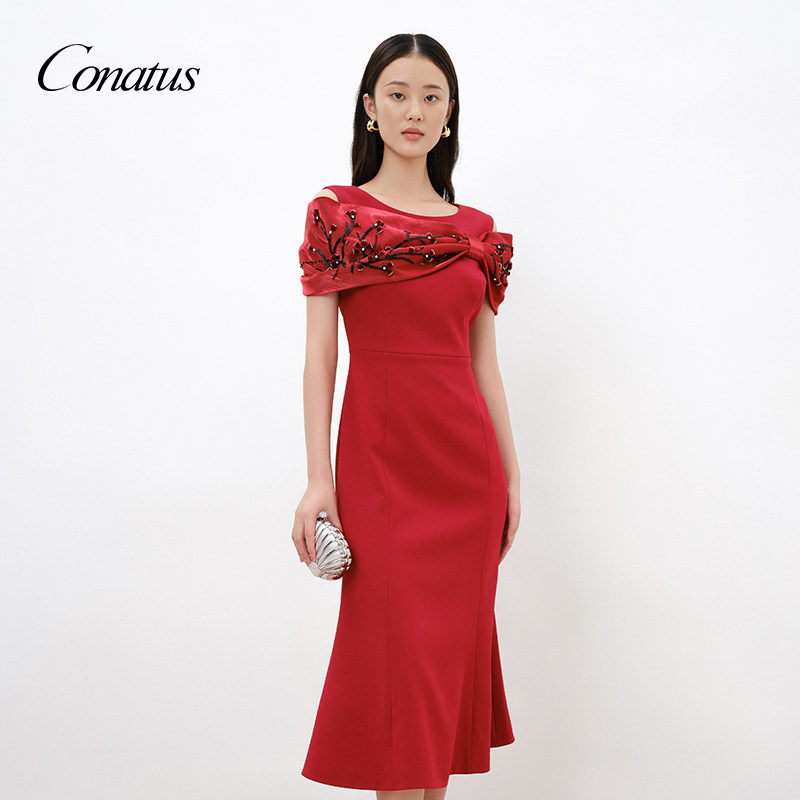CONATUS/珂尼蒂思包臀连衣裙女年夏季新款圆领收腰显瘦鱼尾裙