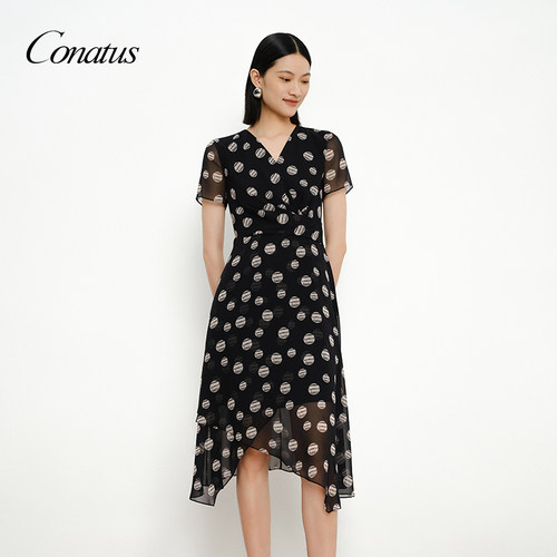 CONATUS/珂尼蒂思夏季新款时尚优雅气质流行黑花连衣裙女